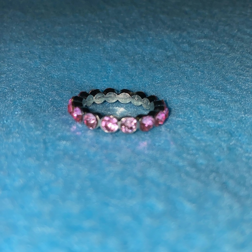 ETERNITY Ring Pink crystal silver tone sparkly September birthstone size 7.5